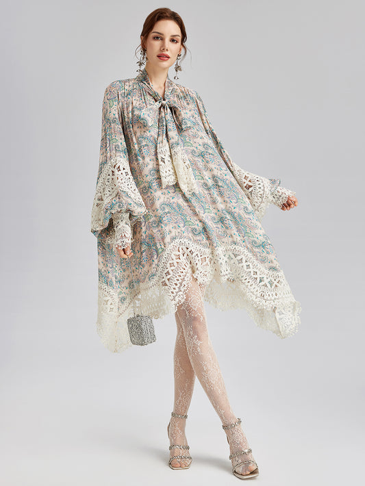 Linen Paisley Print Lace Dress