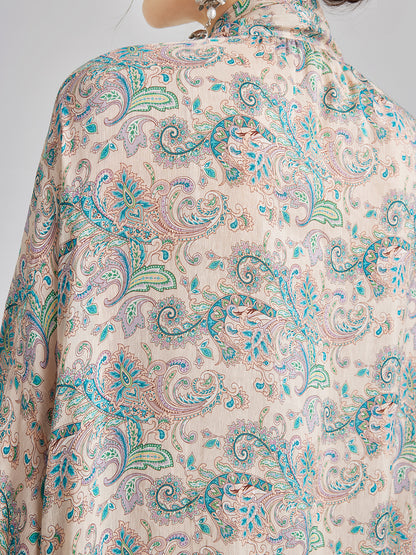 Linen Paisley Print Lace Dress