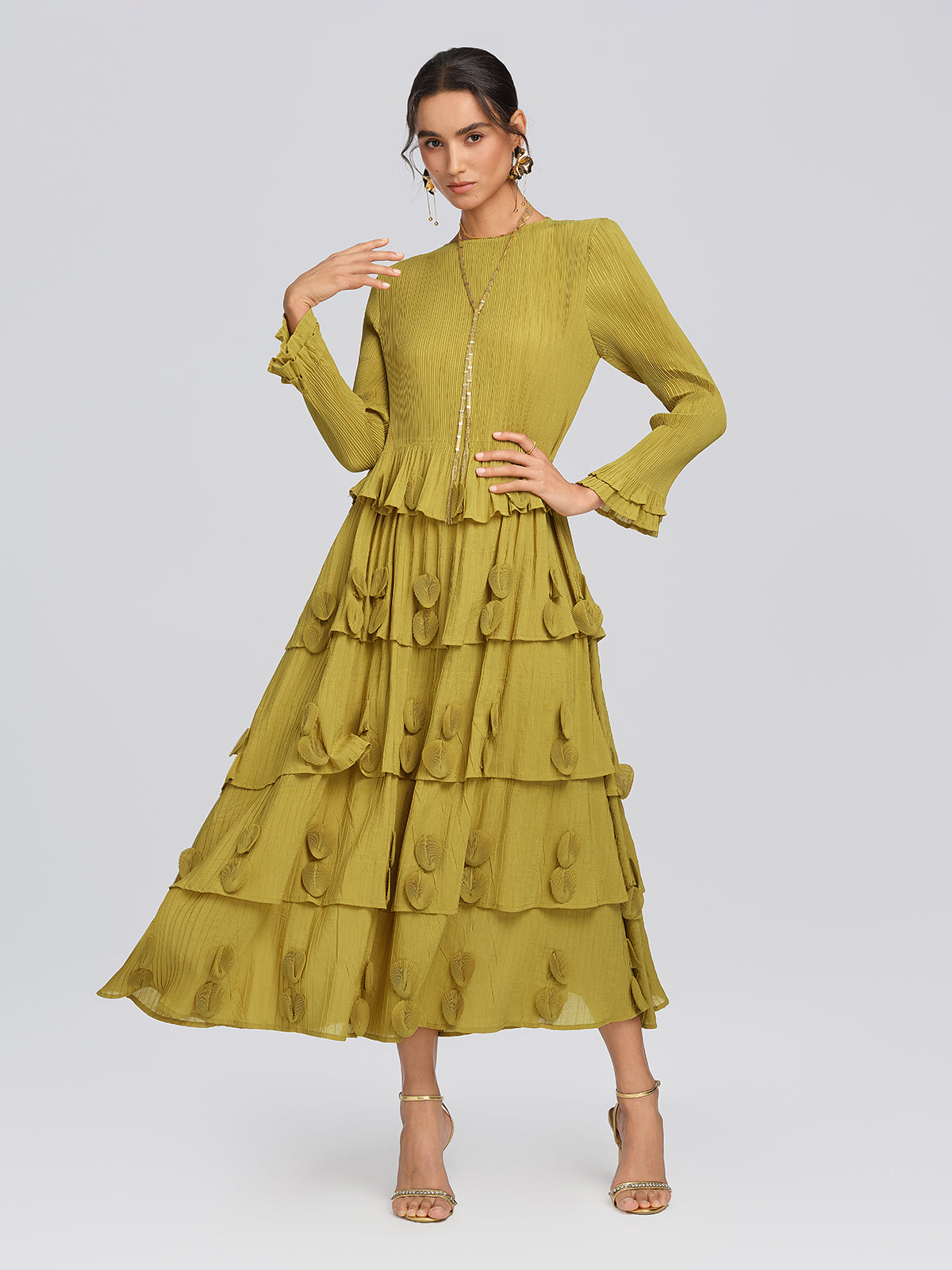 Textured Pleated Embellished Tiered Dress