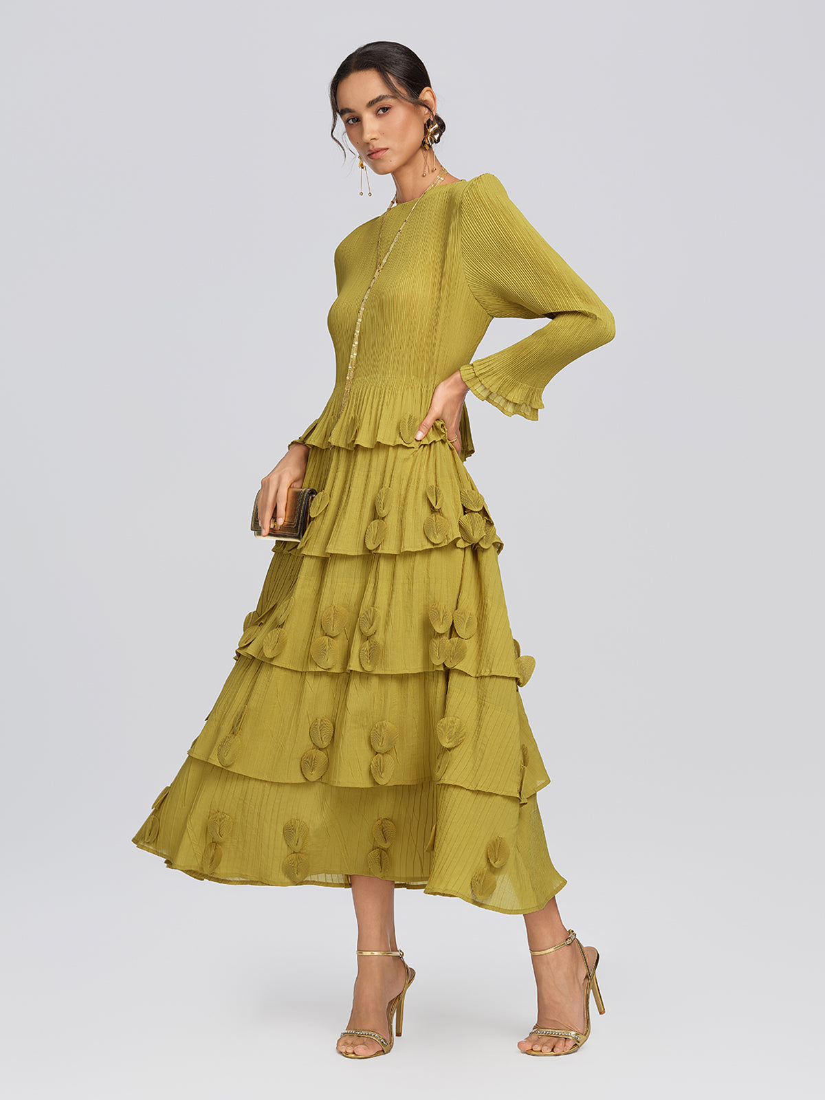 Textured Pleated Embellished Tiered Dress