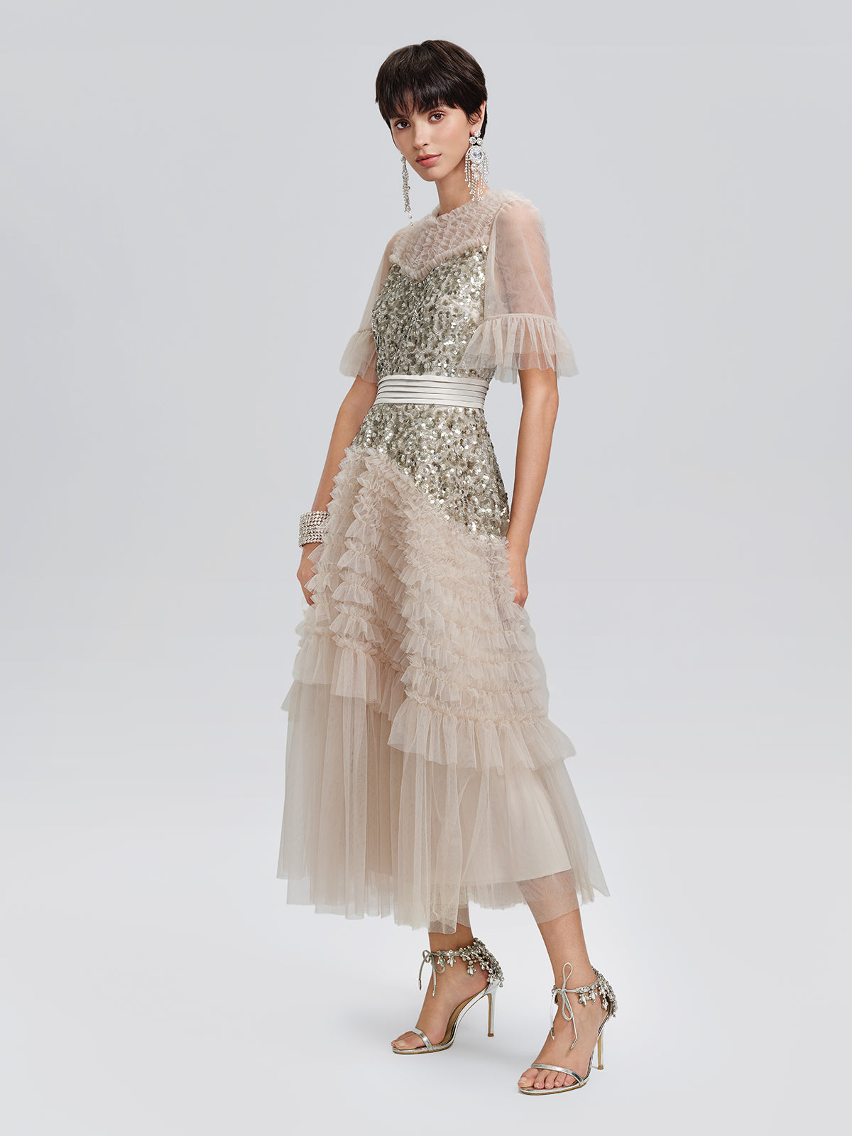 Pleated Sequin Flared-Sleeve Maxi Dress
