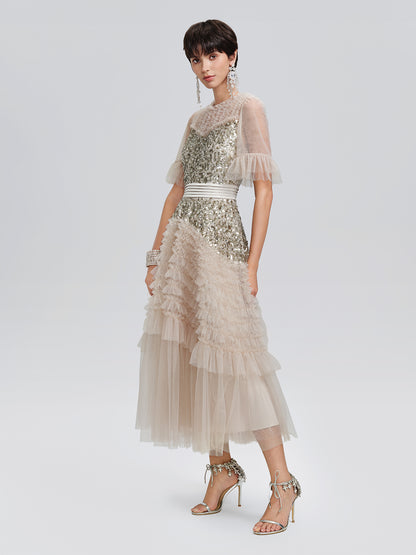 Pleated Sequin Flared-Sleeve Maxi Dress