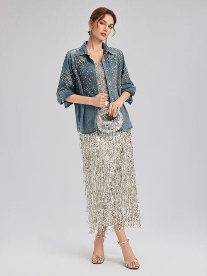 Hand-Beaded Embroidered Denim Shirt
