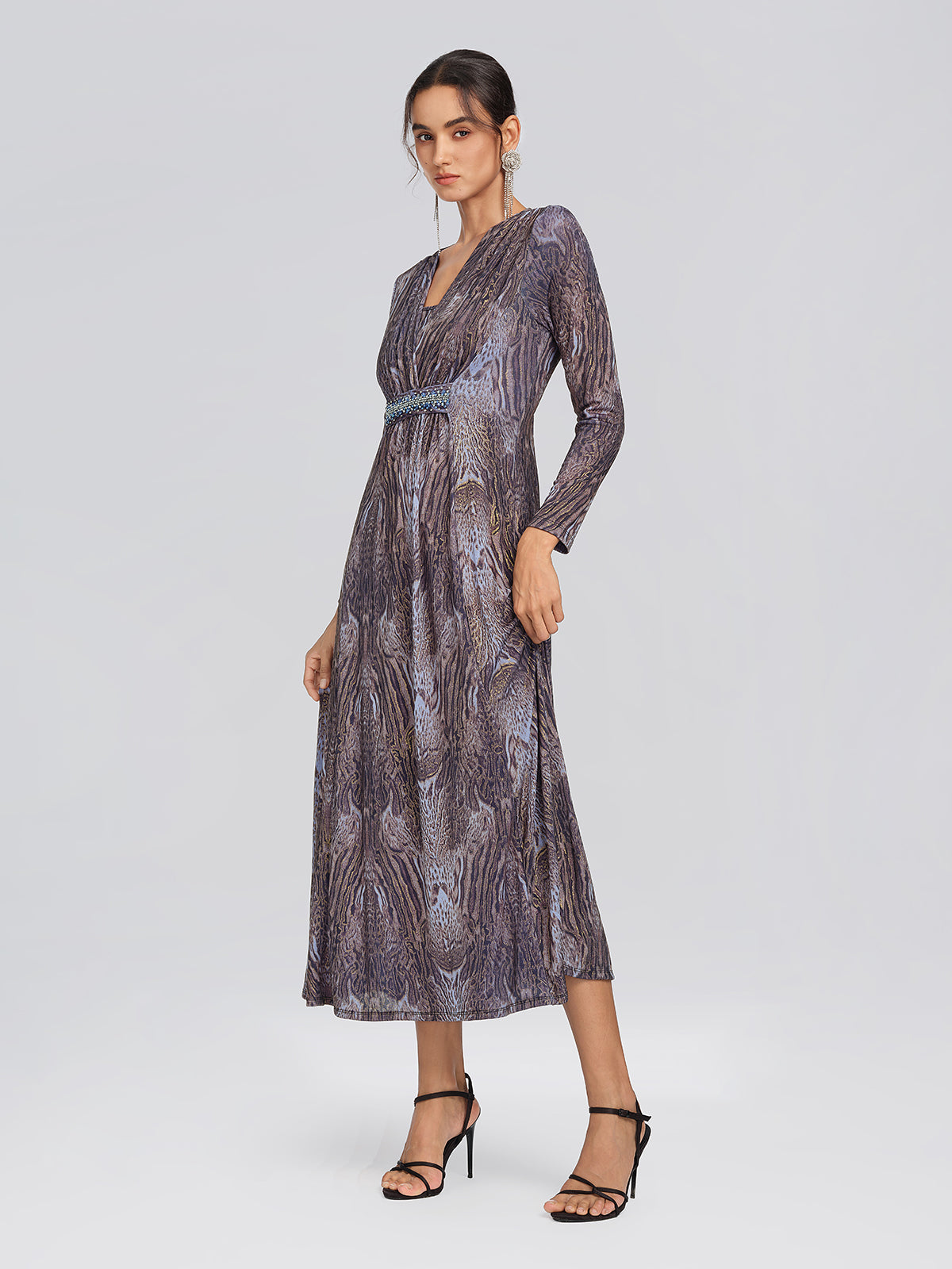 Stretch Knit Leopard Print Beaded Dress