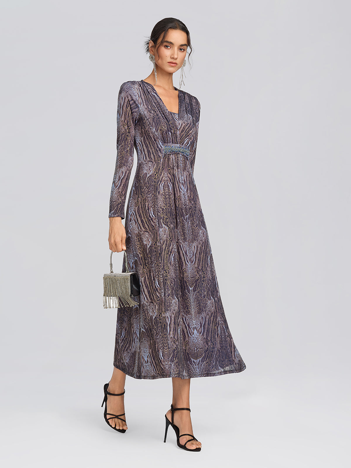 Stretch Knit Leopard Print Beaded Dress
