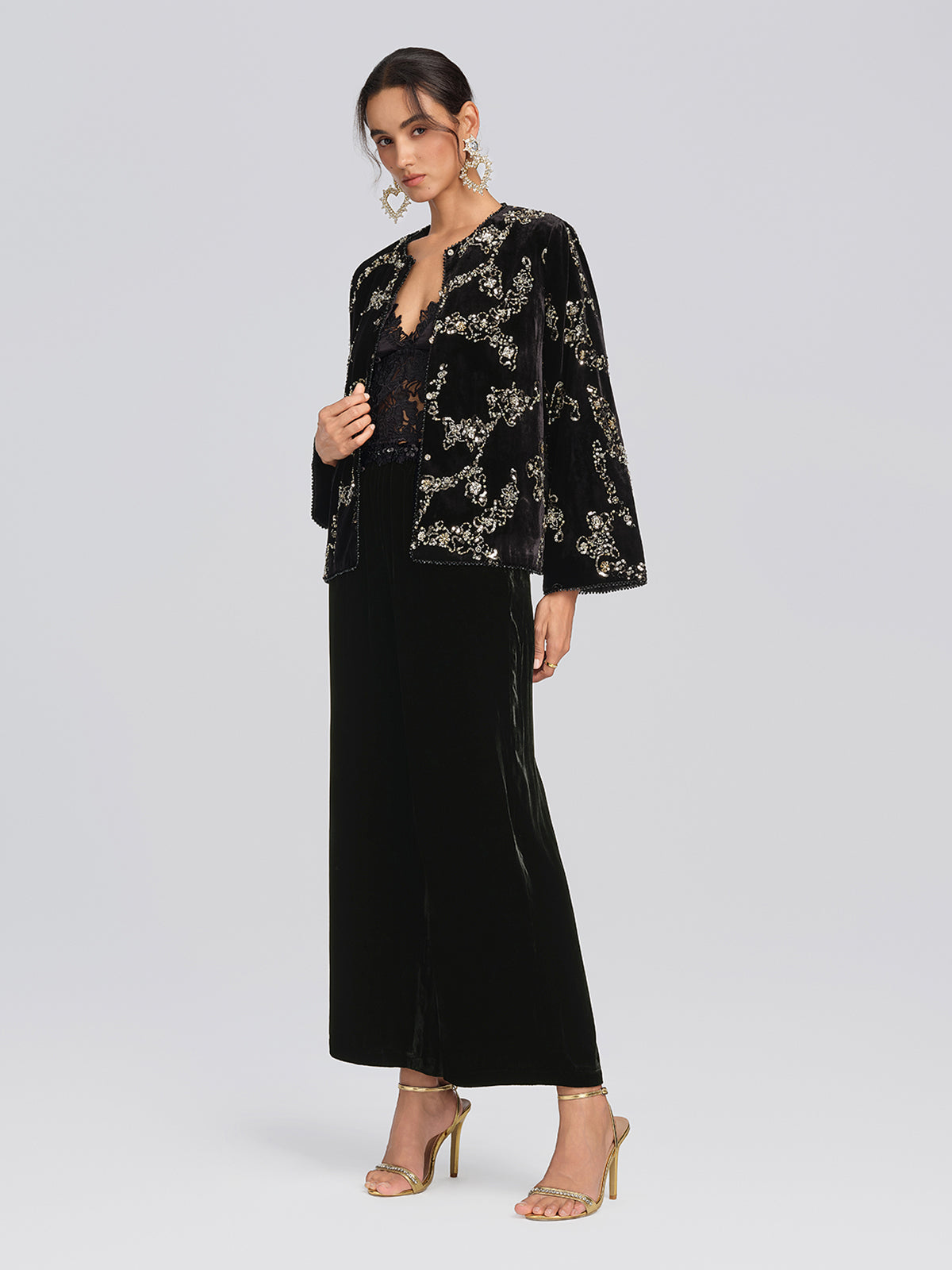 Silk Velvet Hand-Beaded Wide-Leg Pants