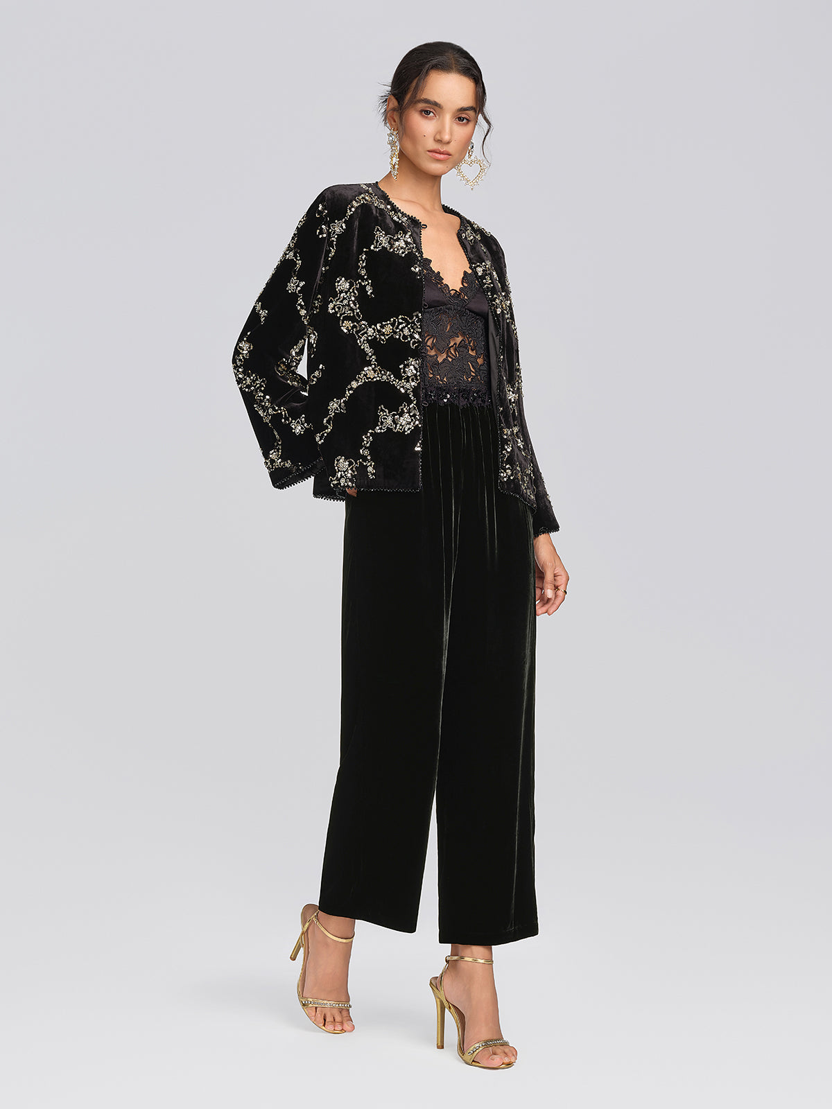 Silk Velvet Hand-Beaded Wide-Leg Pants