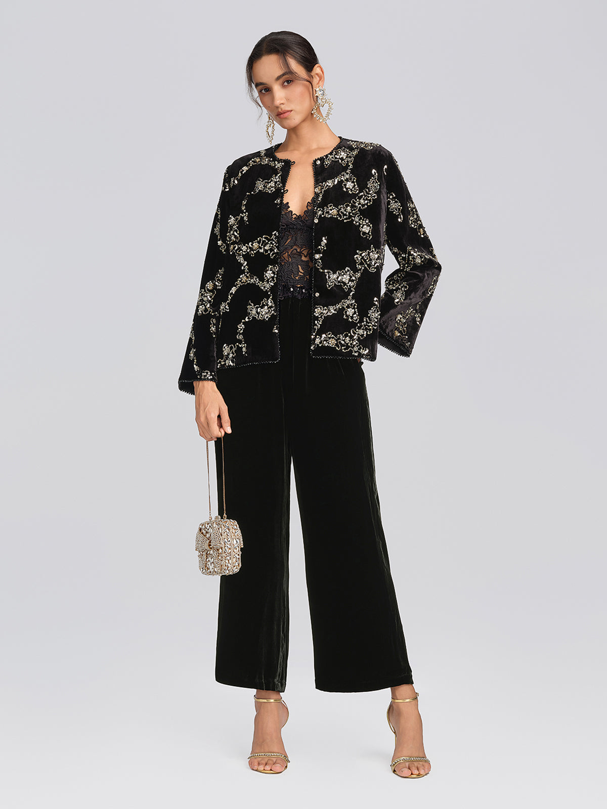 Silk Velvet Hand-Beaded Wide-Leg Pants