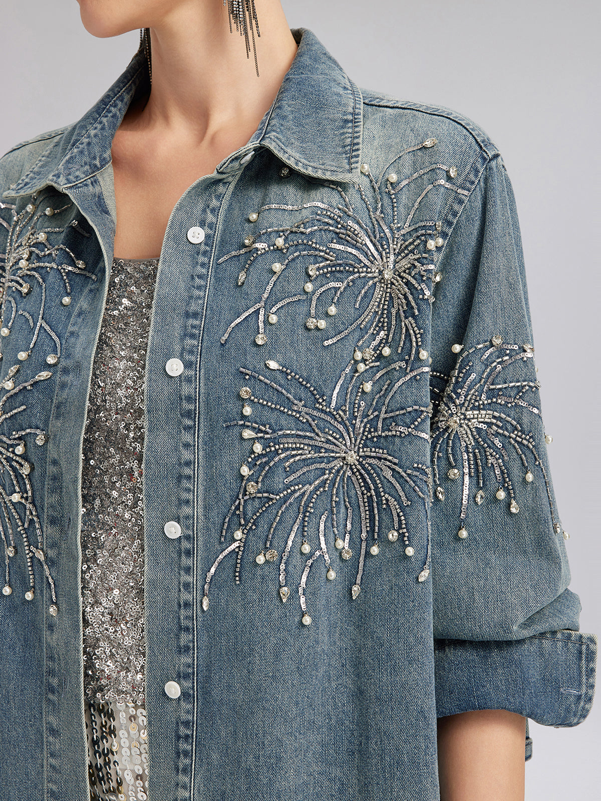 Hand-Beaded Embroidered Denim Shirt