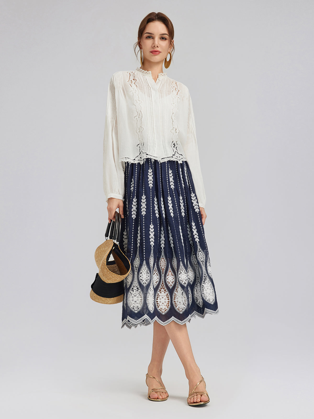 Intricate Wheat-Ear Embroidered Cutout Skirt