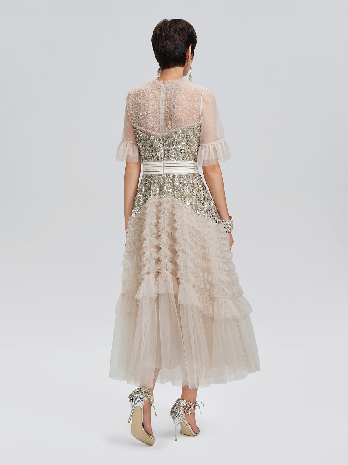 Pleated Sequin Flared-Sleeve Maxi Dress