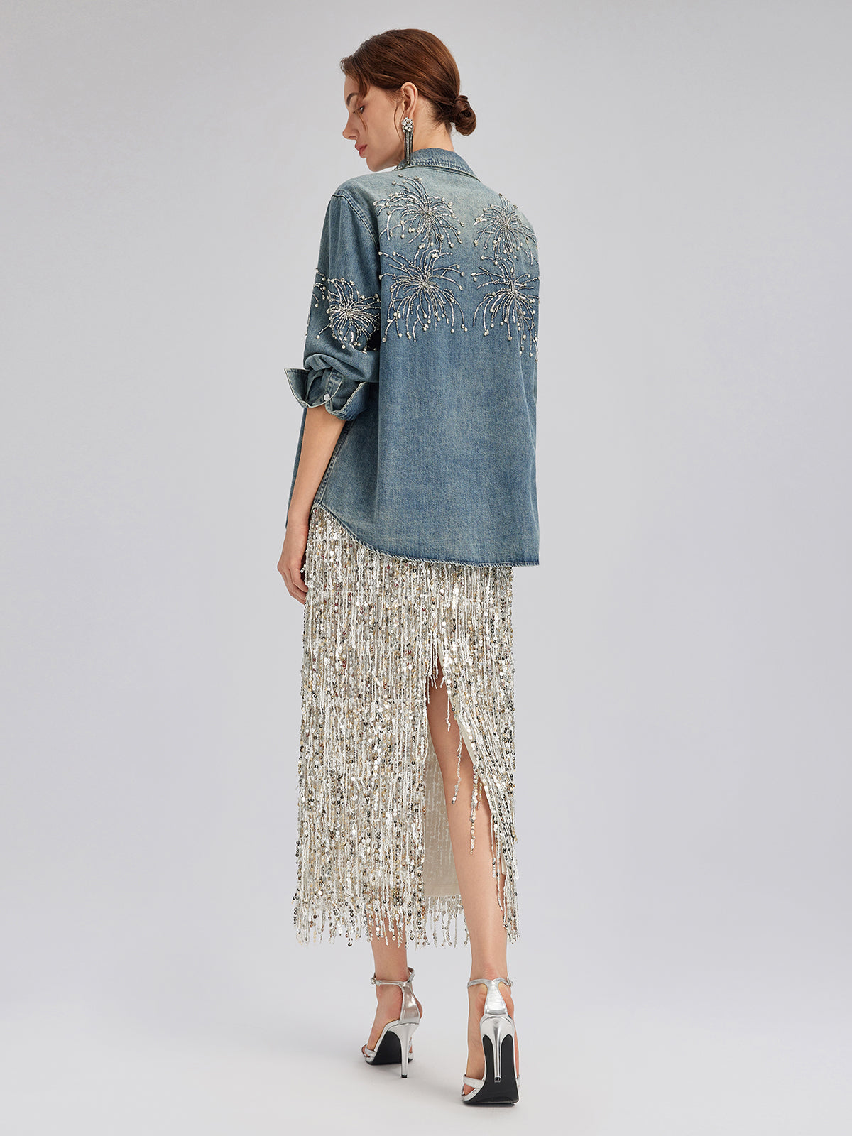 Hand-Beaded Embroidered Denim Shirt