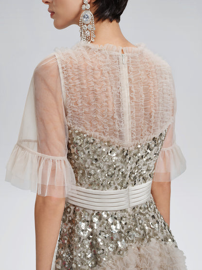 Pleated Sequin Flared-Sleeve Maxi Dress