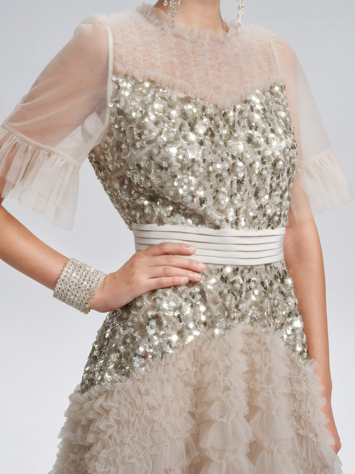 Pleated Sequin Flared-Sleeve Maxi Dress