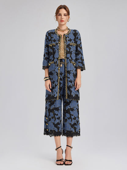 Hand-Sewn Ribbon Jacquard Lace Wide-Leg Pants