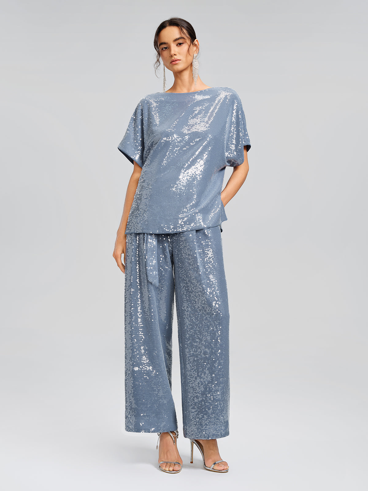Misty Blue Sequin Batwing Loose Top