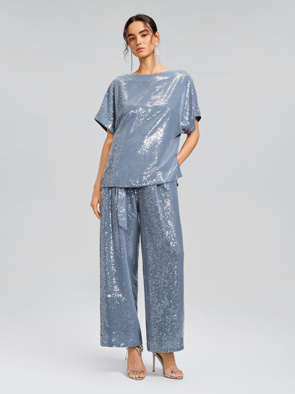 Misty Blue Sequin Batwing Loose Top