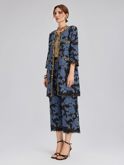 Hand-Sewn Ribbon Jacquard Lace Wide-Leg Pants