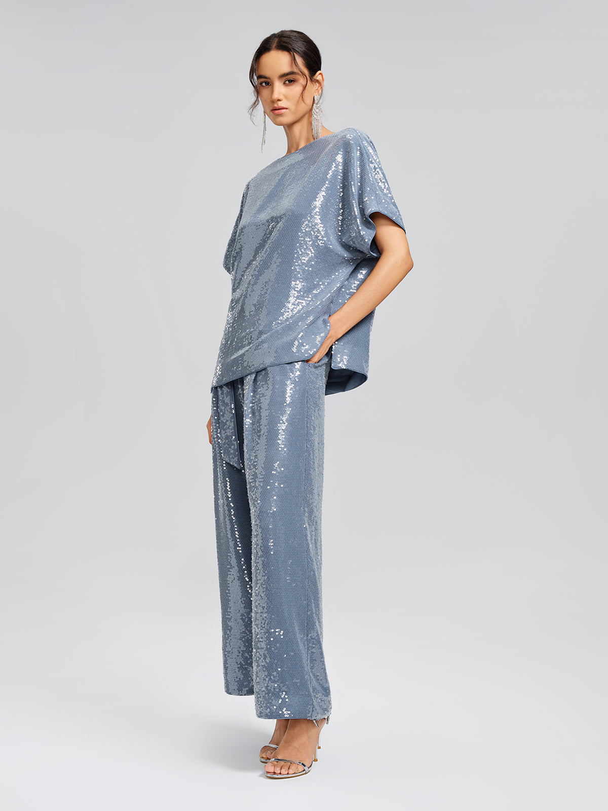 Misty Blue Sequin Batwing Loose Top