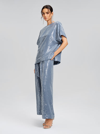 Misty Blue Sequin Batwing Loose Top