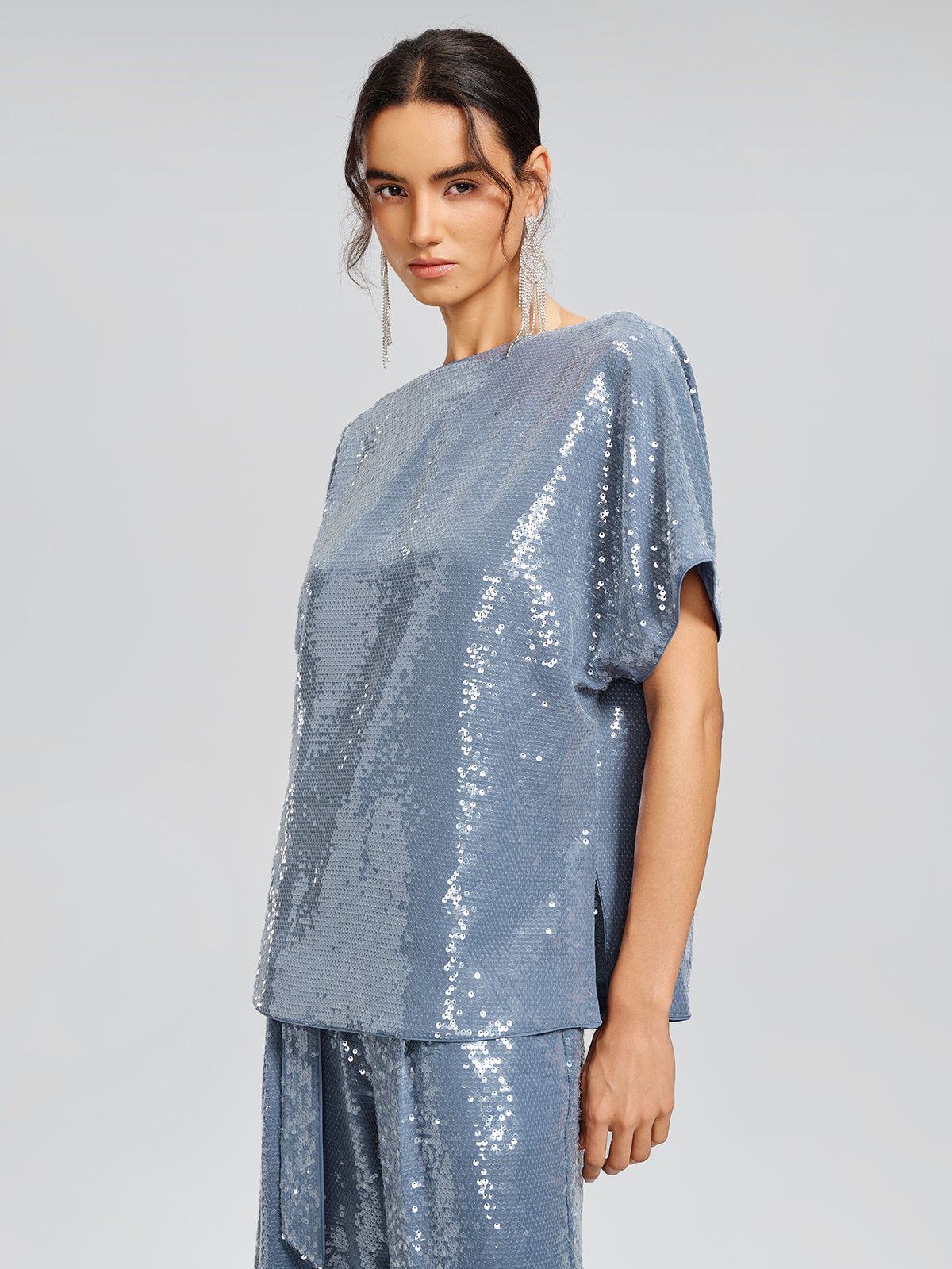 Misty Blue Sequin Batwing Loose Top