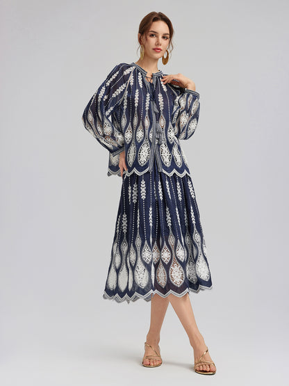 Intricate Wheat-Ear Embroidered Cutout Skirt