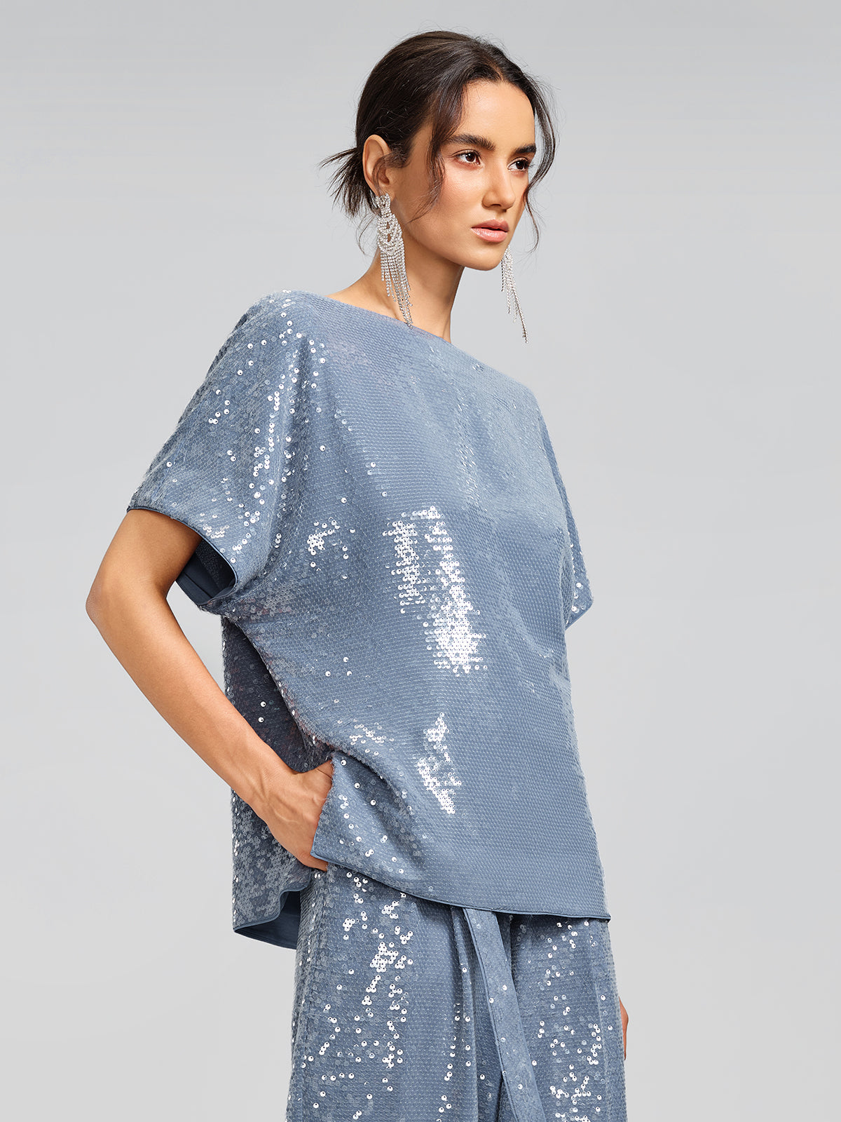 Misty Blue Sequin Batwing Loose Top
