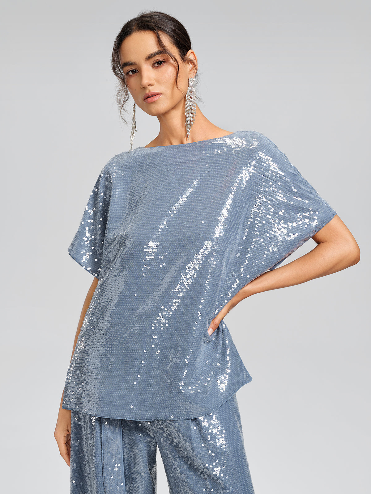 Misty Blue Sequin Batwing Loose Top