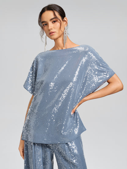Misty Blue Sequin Batwing Loose Top