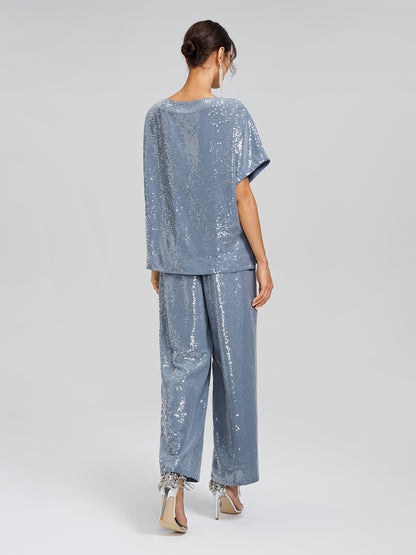 Misty Blue Sequin Batwing Loose Top