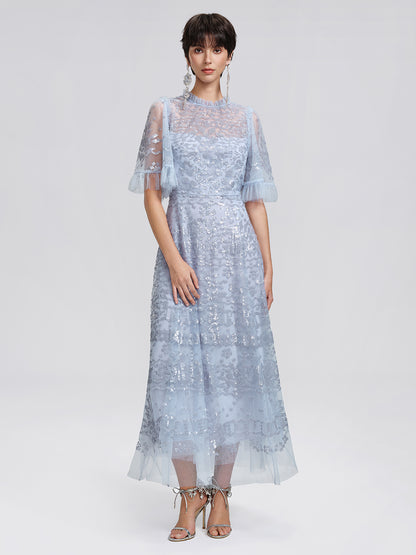 Sequin Embroidered Tulle Maxi Dress