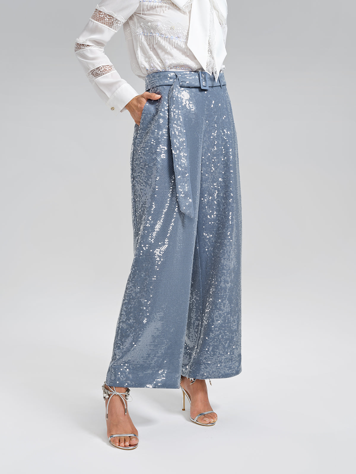 Sequin Belted Wide-Leg Pants