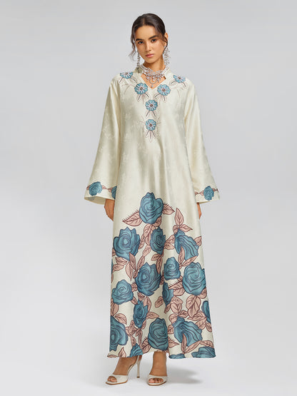 Pearl-Embellished Floral V-Neck Relaxed Dress