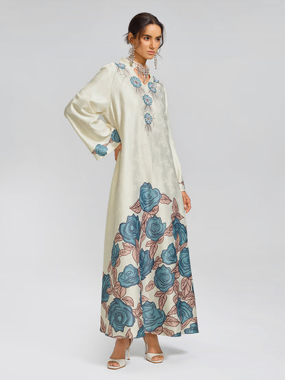 Pearl-Embellished Floral V-Neck Relaxed Dress