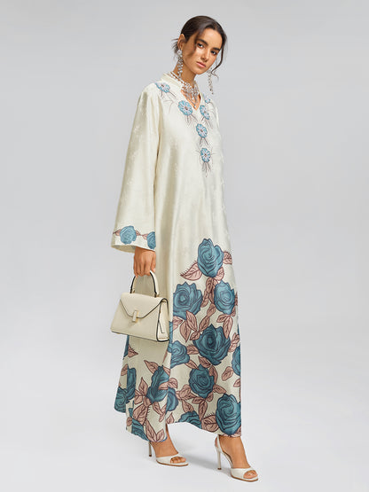 Pearl-Embellished Floral V-Neck Relaxed Dress