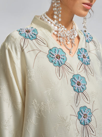Pearl-Embellished Floral V-Neck Relaxed Dress