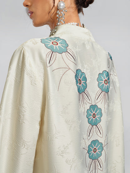 Pearl-Embellished Floral V-Neck Relaxed Dress