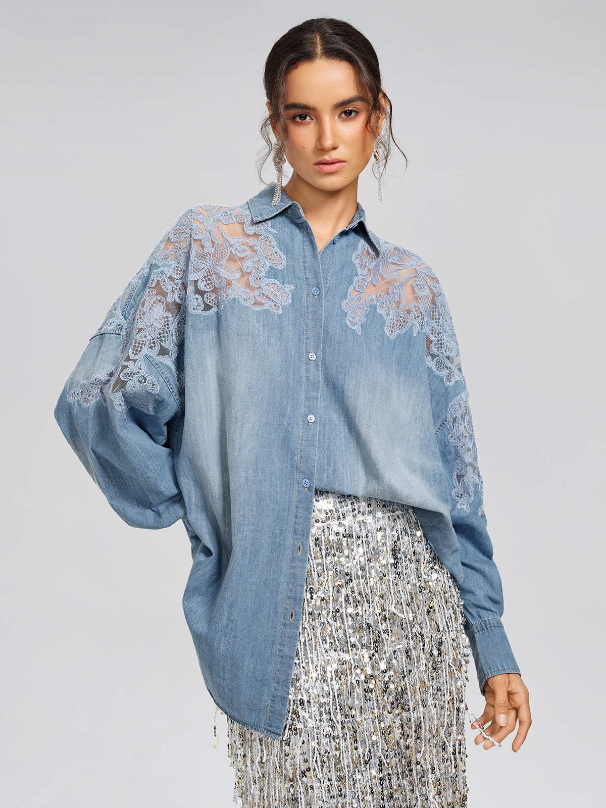 Floral Lace Panel Denim Shirt