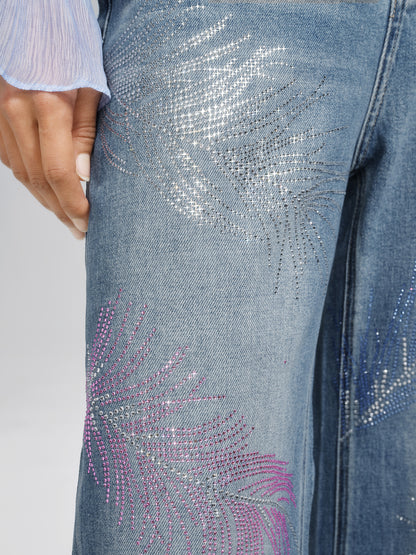 Rhinestone-Embellished Feather Denim Jeans