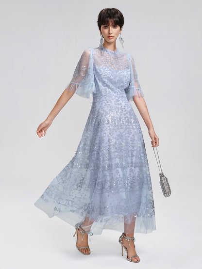 Sequin Embroidered Tulle Maxi Dress