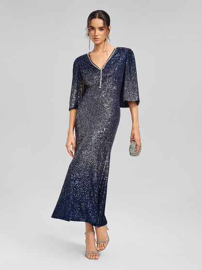 Gradient Sequin Cape Sleeve Dress (Belt Not Included)
