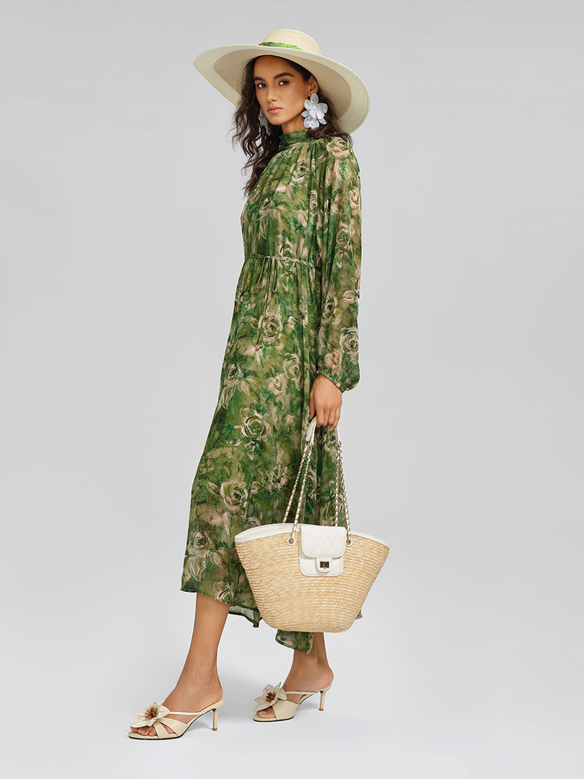 Botanical Print Stand-Collar Relaxed Dress (Waist Tie Included)
