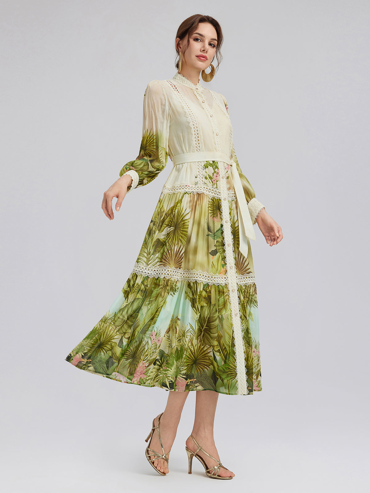 Tropical-Print Silk-Cotton Lace-Trim Dress (Two Belts Included)