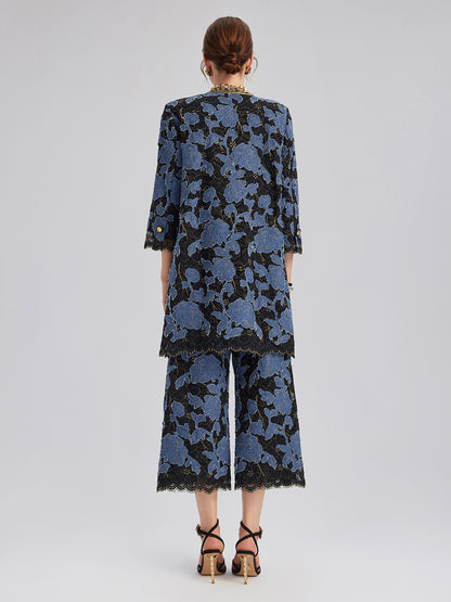 Hand-Sewn Ribbon Jacquard Lace Wide-Leg Pants