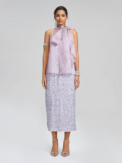 Mulberry Silk Tie-Neck Sleeveless Top (Camisole Included)