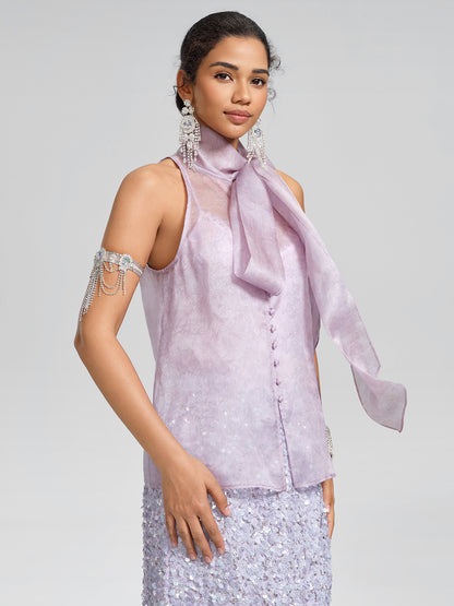 Mulberry Silk Tie-Neck Sleeveless Top (Camisole Included)