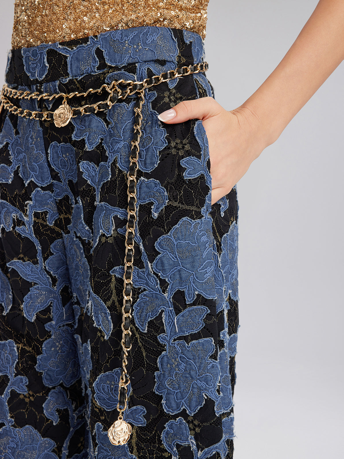 Hand-Sewn Ribbon Jacquard Lace Wide-Leg Pants