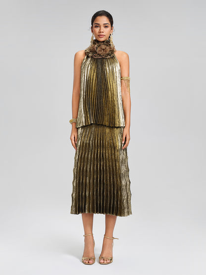 Metallic Pleated Organza-Floral Blouse