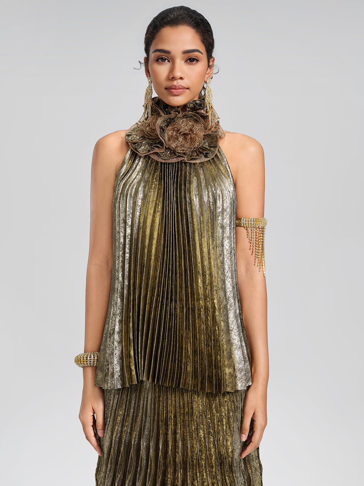 Metallic Pleated Organza-Floral Blouse