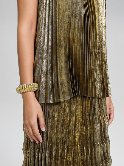 Metallic Pleated Organza-Floral Blouse